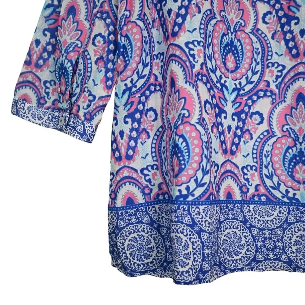 Talbots Women's XLP 3 Button Popover - Joyful Damask Top